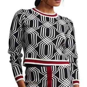 New York & Company Geometric Black and White Sweater with Red Accent New Size XL